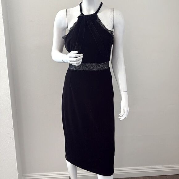 BCBGMaxAzria Black Velvet & Lace Sleeveless Midi Dress w Bow at the Neckline - Picture 3 of 9